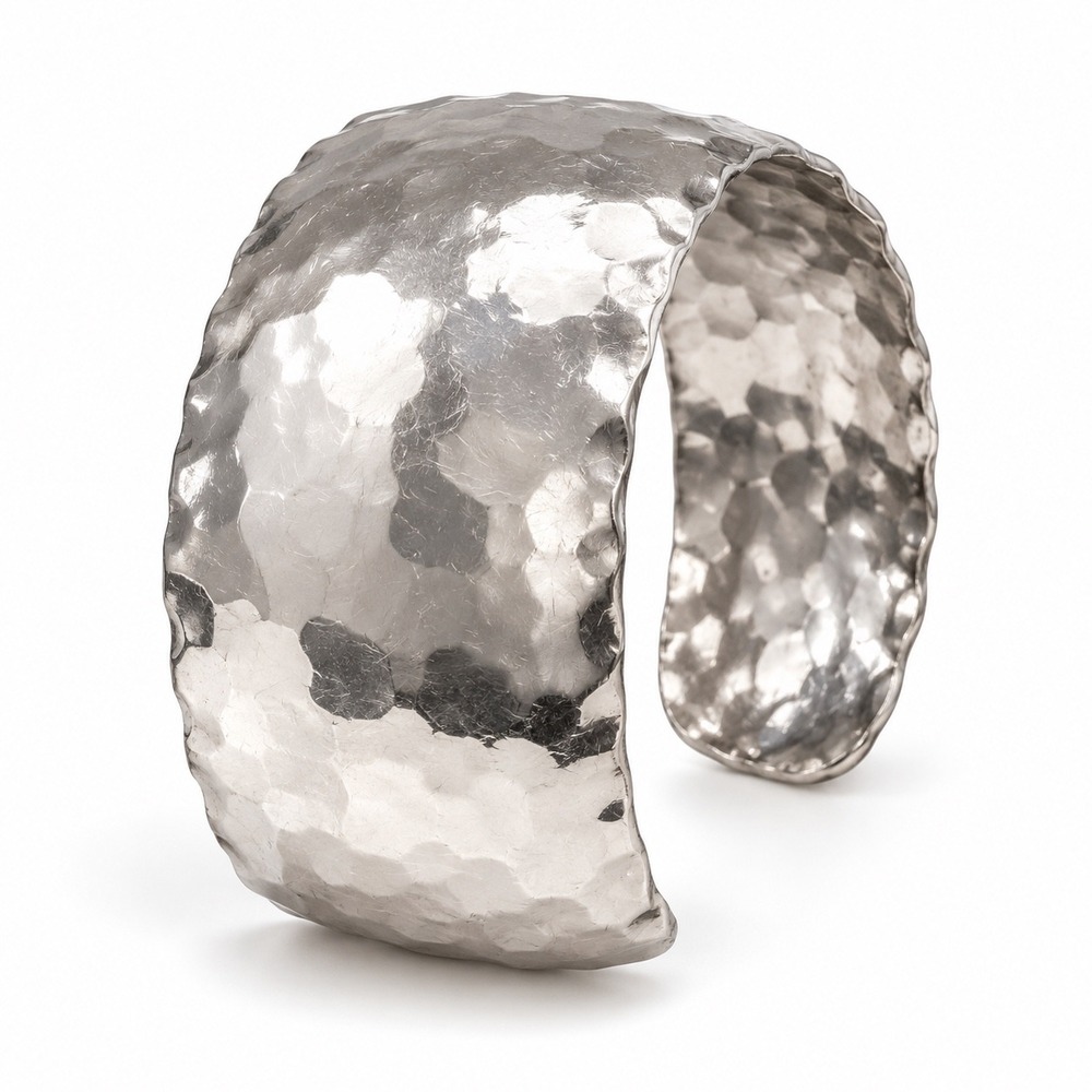 Vintage Hammered Metal Cuff Bracelet Silver Tone Wide Sculptural Statement